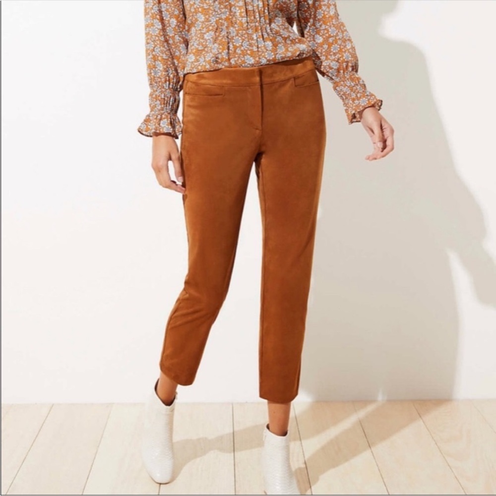 LOFT Women's Faux Suede Slim Ankle Pants Butter Brown Mid Rise Size 8